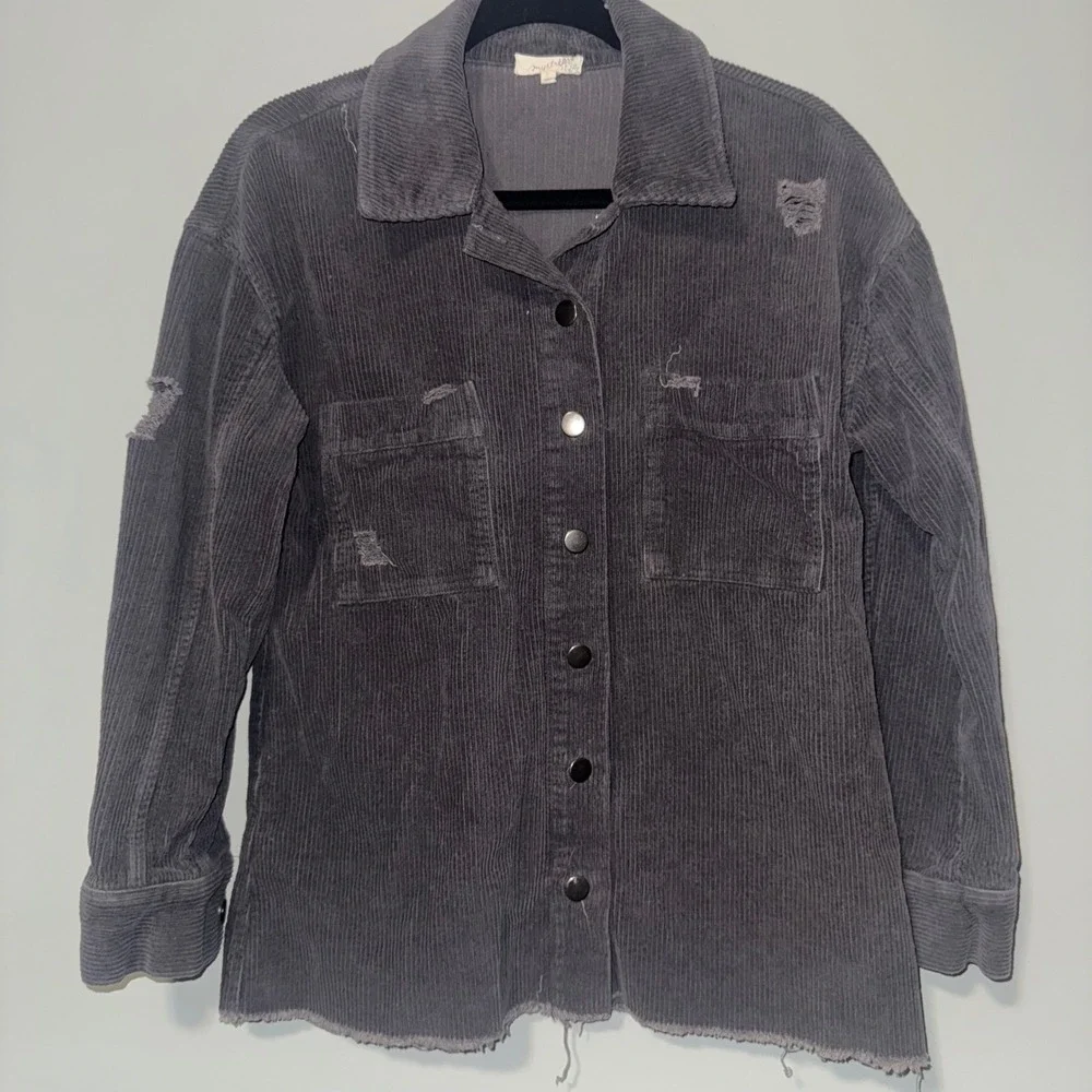 Mystree Charcoal Distressed‎ Corduroy Shacket Oversized Button Down Small